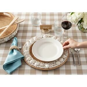 Pottery Barn Tava Sea Shell Rimmed Handwoven Rattan Beach Charger Plate Set Of 2